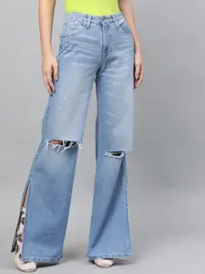 STREET 9 Women Wide Leg Mid-Rise Slash Knee Stretchable Jeans