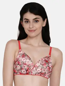 Enamor Women Red Print Padded Non-Wired & High Coverage T-Shirt Bra With Detachable Straps