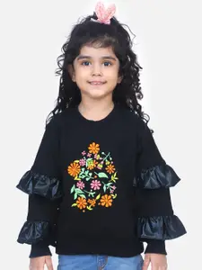LilPicks Girls Black Floral French Terry Embroidered Sweatshirt