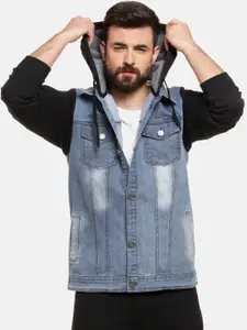 Campus Sutra Men Blue & Black Colourblocked Denim Jacket