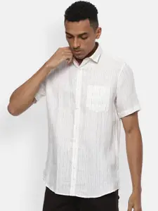 Van Heusen Sport Men White Slim Fit Striped Pure Linen Casual Shirt