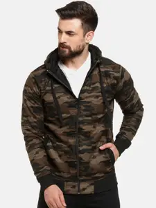 Campus Sutra Men Brown & Black Camouflage Printed Hooded Padded Jacket