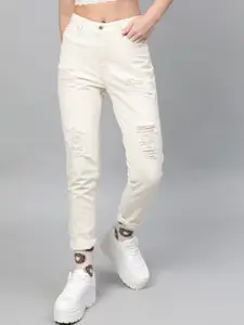 STREET 9 Women White Straight Fit Mid-Rise Highly Distressed Stretchable Jeans