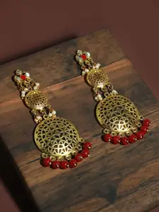 KARATCART Maroon & Gold-Toned Geometric Jhumkas