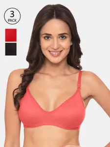Souminie Coral & Red Pack of 3 Non-Wired Non Padded Everyday Bra S-134-CRL-RD-BLK-32D