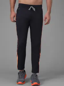 Kotty Men Navy Blue & Orange Striped Slim-Fit Track Pants