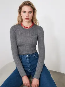 Trendyol Women Ribbed Self Design Pullover Sweater