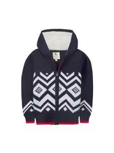 Cherry Crumble Boys and Girls Navy Blue Printed Fair Hooded Sweater