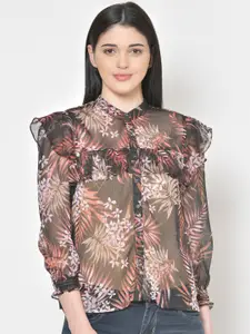 Cation Black Floral Printed Ruffled Semi Sheer Shirt Style Top