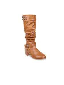 SHUZ TOUCH Women Tan Brown Solid Heeled Boots