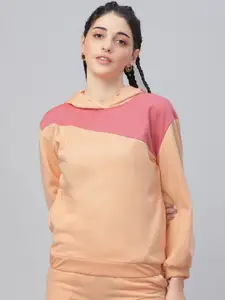 Athena Women Peach-Coloured & Pink Colourblocked Hooded Sweatshirt
