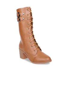 SHUZ TOUCH Women Tan Brown Solid Block Heeled Boots