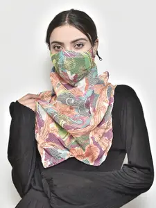 SWAYAM Women Orange & Pink Floral Printed 3-Ply Reusable Adjustable Face Mask With Scarf