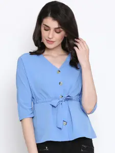Oxolloxo Women Blue Solid Cinched Waist Top
