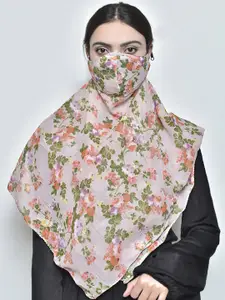 SWAYAM Women Beige & Orange Floral Printed 3-Ply Reusable Adjustable Face Mask With Scarf