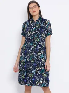 Oxolloxo Women Navy Blue & Yellow Printed Shirt Dress