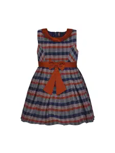 Wish Karo Girls Brown & Blue Checked Fit and Flare Dress