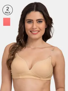 Tweens Beige & Coral Solid Non-Wired Heavily Padded Everyday Bra