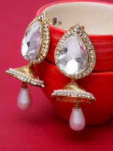 ANIKAS CREATION White & Gold-Toned Teardrop Shaped Jhumkas