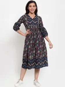Indibelle Women Blue Printed Empire Dress