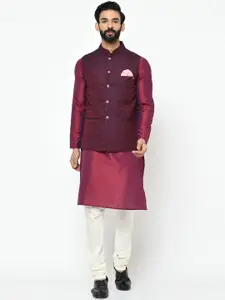 KISAH Men Maroon & Off-White Solid Kurta with Churidar