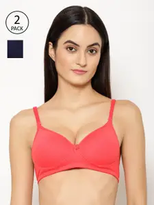 Floret Pack Of 2 Rose & Navy Blue Non-Wired Heavily Padded Push-Up Bras T3010_Tomato-Navy