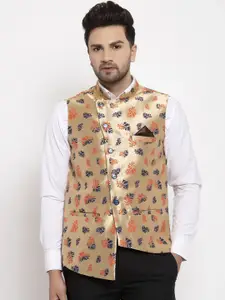 KLOTTHE Men Gold-Colored & Blue Woven Design Nehru Jacket