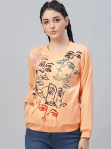 Athena Women Peach-Coloured & Black Embroidered Pullover Sweatshirt
