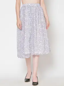 Cation Women White & Grey Floral Printed Midi Skirt