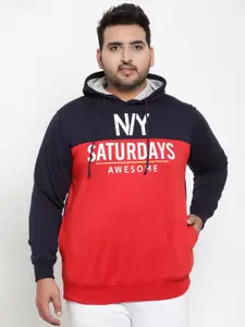 plusS Men Navy Blue & Red Colourblocked Hooded Sweatshirt