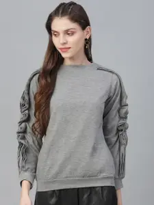 Athena Women Grey Solid Ruffled Pullover Sweatshirt