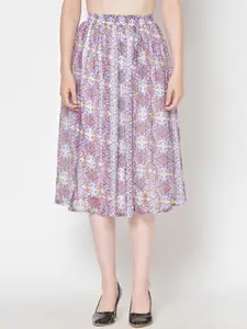 Cation Women White & Blue Floral Printed Flared Skirt