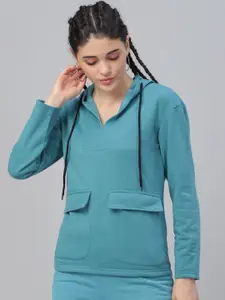 Athena Women Blue Solid Hooded Sweatshirt