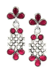 DESI COLOUR Silver-Toned & Red Floral Drop Earrings