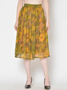 Cation Women Yellow & Olive Green Floral Printed Flared Midi Skirt