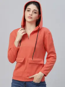 Athena Women Orange Solid Hooded Sweatshirt