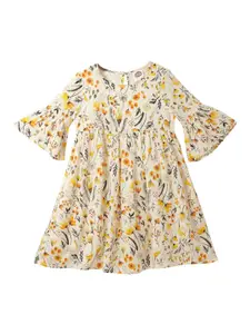 Cub McPaws Girls Cream-Coloured Floral Printed A-Line Dress