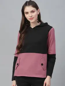 Athena Women Pink & Black Colourblocked Hooded Sweatshirt