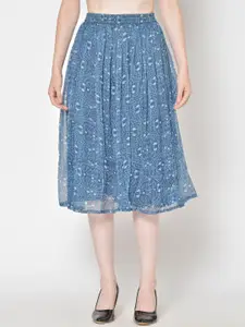 Cation Women Blue & White Floral Printed Flared Skirt
