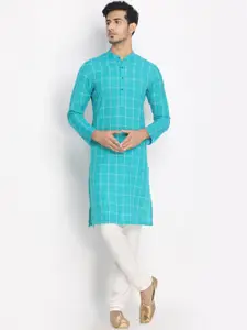 Manyavar Men Blue Checked Straight Kurta