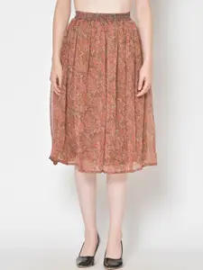 Cation Women Brown & Pink Floral Printed Flared Skirt
