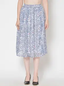 Cation Women White & Blue Printed Flared Skirt