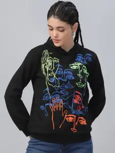 Athena Women Black Printed Hooded Sweatshirt