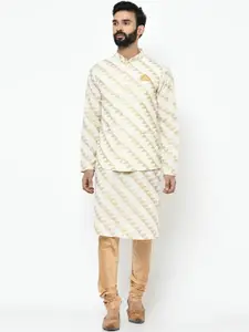 KISAH Men Cream-Coloured & Gold-Toned Self Design Kurta with Churidar & Nehru Jacket