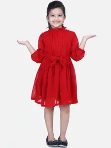 Fairies Forever Girls Red Self Design Fit and Flare Dress