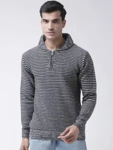 Club York Men Black & White Self Design Pullover Hooded Sweater