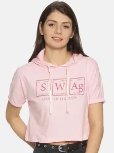 Campus Sutra Women Pink Printed Hooded Crop Pure Cotton Top