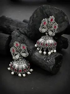 Silvermerc Designs Silver-Toned & Pink Dome Shaped Jhumkas
