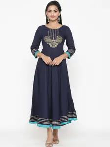 RANGMAYEE Women Navy Blue & Gold-Coloured Embroidered Fit and Flare Dress