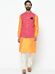 KISAH Men Pink & Gold-Toned Solid Kurta with Churidar